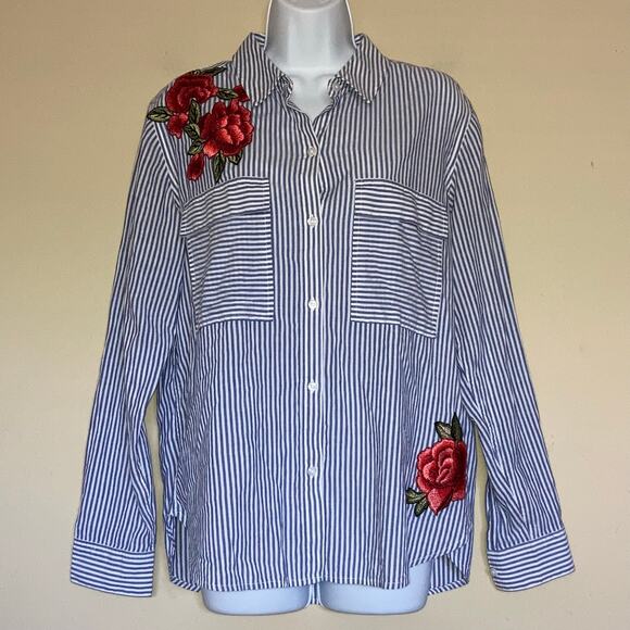Rails Medium Frances Button Up Banker Stripe Floral Patches Blouse Embroidered - Picture 3 of 16